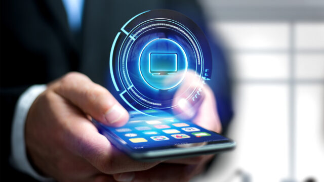 Businessman using a Shinny technologic computer button on a smartphone - 3d render